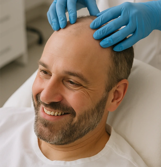 happy middle aged man during scalp facial treatment