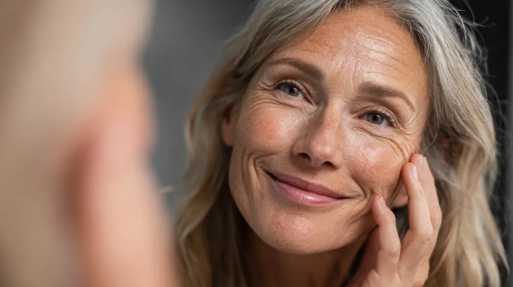 woman in her 50s looking into the mirror and smiling at her radiant skin from xerf treatment
